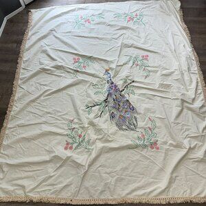 Vtg 60s Peacock Embroidered Bed Topper Fringe Coverlet White Floral 84x72